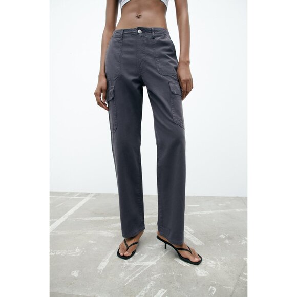 ZARA Straight Leg Cargo Pants Blue Women's Size 4 Small Blue Grey High Waisted S - Picture 1 of 15
